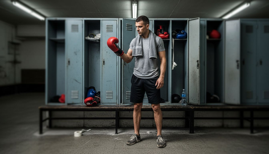 Athlete evaluating gear in gym locker