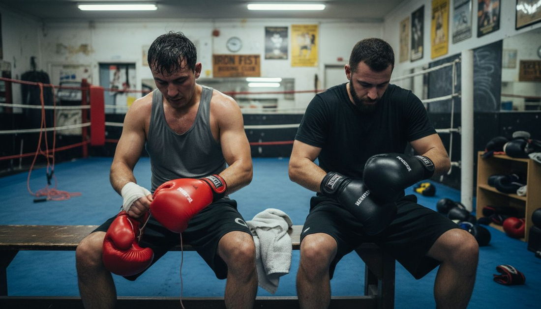 Boxers unlacing gloves in corner gym bench
