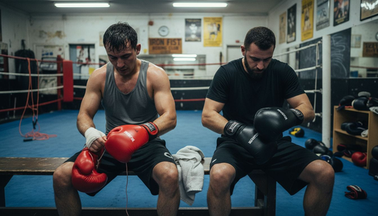 Boxers unlacing gloves in corner gym bench