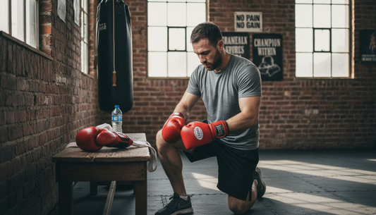 Boxer lacing gloves in classic boxing gym