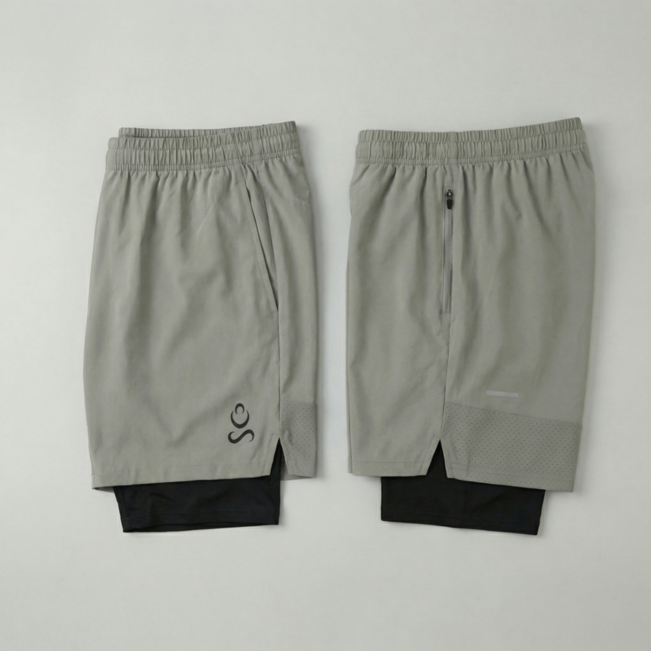 2 in 1 Shorts Green - front and back flat lay